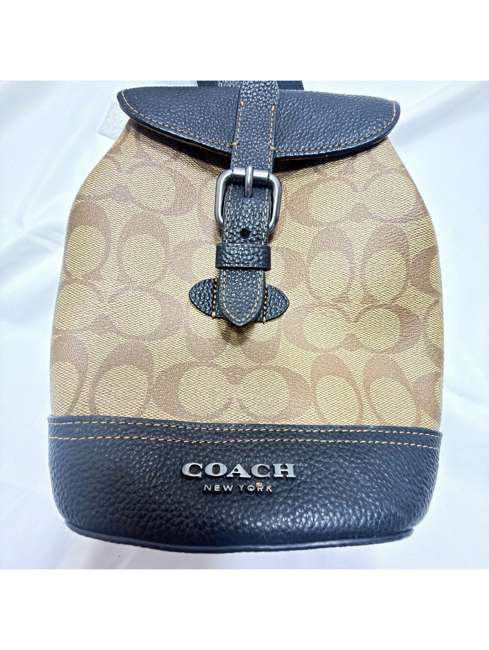 Coach New York Signature Beige/Black Buckle Bag with Logo Accents
